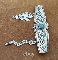 Old Pawn Fred Harvey Era 925 Thunderbird Turquoise With Charms Stamped Brooch Pin