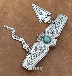 Old Pawn Fred Harvey Era 925 Thunderbird Turquoise With Charms Stamped Brooch Pin