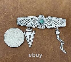 Old Pawn Fred Harvey Era 925 Thunderbird Turquoise With Charms Stamped Brooch Pin