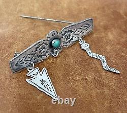 Old Pawn Fred Harvey Era 925 Thunderbird Turquoise With Charms Stamped Brooch Pin