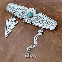 Old Pawn Fred Harvey Era 925 Thunderbird Turquoise With Charms Stamped Brooch Pin