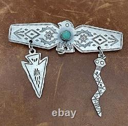 Old Pawn Fred Harvey Era 925 Thunderbird Turquoise With Charms Stamped Brooch Pin