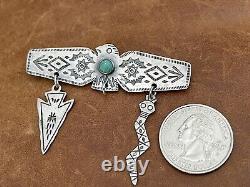 Old Pawn Fred Harvey Era 925 Thunderbird Turquoise With Charms Stamped Brooch Pin