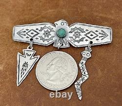 Old Pawn Fred Harvey Era 925 Thunderbird Turquoise With Charms Stamped Brooch Pin