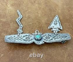 Old Pawn Fred Harvey Era 925 Thunderbird Turquoise With Charms Stamped Brooch Pin