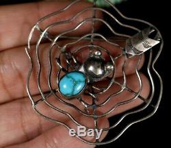 Old Pawn NAVAJO Handmade SPIDER & SPIDERWEB Turquoise STERLING Pin Brooch