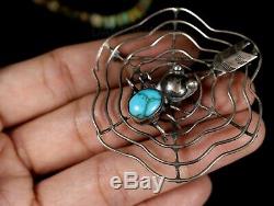 Old Pawn NAVAJO Handmade SPIDER & SPIDERWEB Turquoise STERLING Pin Brooch