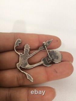 Old Pawn Native American Zuni Sterling turquoise Coral Roadrunner Pin Brooch