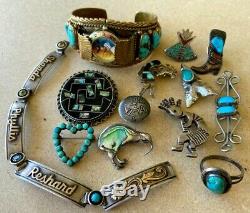 Old Pawn Native SOME Sterling Silver Turquoise Kokopelli Teepee Cuff Pin Ring