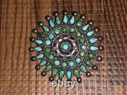 Old Pawn Native Zuni Coin Silver Petit Point Turquoise Brooch / Pin