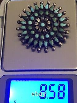 Old Pawn Native Zuni Coin Silver Petit Point Turquoise Brooch / Pin