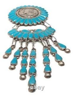 Old Pawn Navajo Handmade Turquoise Coin Sterling Silver Pendant/Pin
