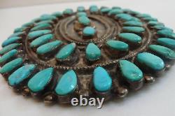 Old Pawn Navajo Indian Large Silver And Petit Point Turquoise Pin Brooch