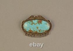 Old Pawn Navajo Pin Brooch Natural Turquoise Stone Silver Applique 2