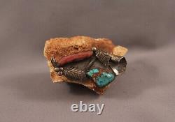 Old Pawn Navajo Silver Coral And Turquoise Pin. L. Platero