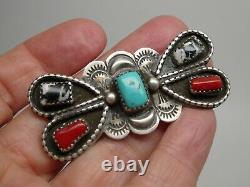 Old Pawn Navajo White Buffalo Turquoise & Blue Turquoise Coral 925 Brooch Pin