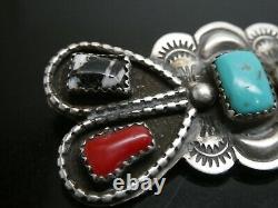 Old Pawn Navajo White Buffalo Turquoise & Blue Turquoise Coral 925 Brooch Pin
