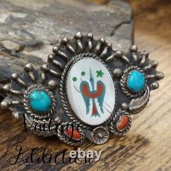 Old Pawn Sterling Silver Turquoise Coral Blossom Inlay Peyote Bird Brooch Pin