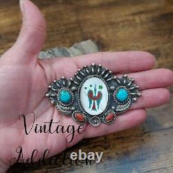 Old Pawn Sterling Silver Turquoise Coral Blossom Inlay Peyote Bird Brooch Pin