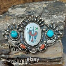 Old Pawn Sterling Silver Turquoise Coral Blossom Inlay Peyote Bird Brooch Pin