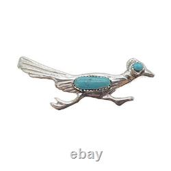 Old Pawn Sterling Silver Vintage Southwestern Turquoise Roadrunner Pin Brooch