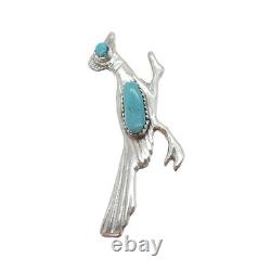 Old Pawn Sterling Silver Vintage Southwestern Turquoise Roadrunner Pin Brooch