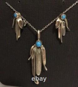 Old Pawn Turquoise Silver Corn Cob Necklace Brooch Pin Earring Set