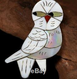 Old Pawn Vintage Rare Sterling & Carved Mother of Pearl ZUNI OWL Pin Pendant