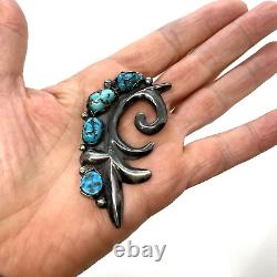 Old Pawn Vintage Turquoise Pin Brooch Sterling Silver 33.6g Estate Swirl Design