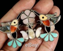 Old Pawn Vintage ZUNI or NAVAJO Sterling Coral Onyx Inlay Hummmingbird Pendant