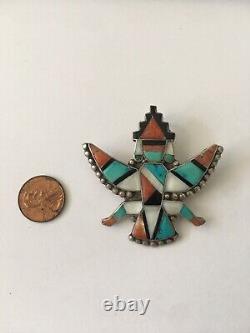 Old Pawn Zuni Knifewing Kachina Sterling Inlay Turquoise Multi Stone Pin Pendant