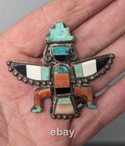 Old Pawn Zuni Knifewing Kachina Sterling Inlay Turquoise Stone Pin Pendant #1