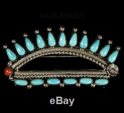 Old Pawn Zuni Needlepoint Turquoise & Coral Sterling Silver Pin Brooch