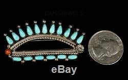 Old Pawn Zuni Needlepoint Turquoise & Coral Sterling Silver Pin Brooch