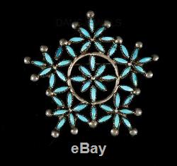 Old Pawn Zuni STAR Wreath Needlepoint Turquoise Sterling Silver Pin Brooch