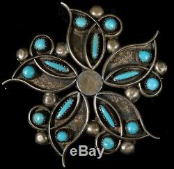 Old Pawn Zuni STAR Wreath Needlepoint Turquoise Sterling Silver Pin or PENDANT