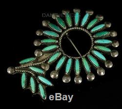 Old Pawn Zuni Signed MZR Needlepoint Turquoise & Sterling Flower Pin Brooch