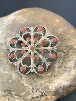 Old Pawn Zuni Sterling Silver Turquoise Red Coral Brooch Pin 1.25 12558