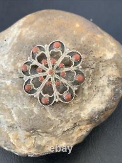 Old Pawn Zuni Sterling Silver Turquoise Red Coral Brooch Pin 1.25 12558