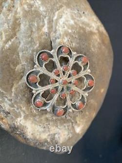 Old Pawn Zuni Sterling Silver Turquoise Red Coral Brooch Pin 1.25 12558