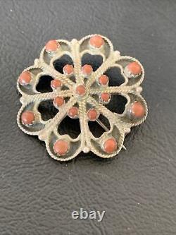 Old Pawn Zuni Sterling Silver Turquoise Red Coral Brooch Pin 1.25 12558