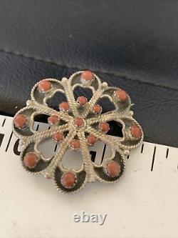 Old Pawn Zuni Sterling Silver Turquoise Red Coral Brooch Pin 1.25 12558