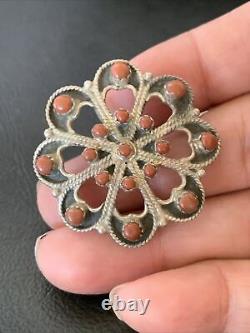 Old Pawn Zuni Sterling Silver Turquoise Red Coral Brooch Pin 1.25 12558