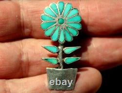 Old Pawn Zuni Sterling Silver & Turquoise Stone Inlay FLOWER Brooch Pin/Pendant