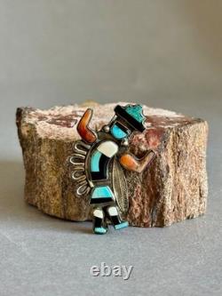Old Pawn Zuni Sterling Silver w Inlaid Turquoise Coral Jet and Shell Brooch Pin
