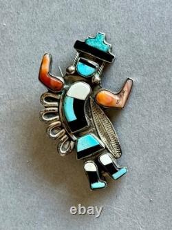 Old Pawn Zuni Sterling Silver w Inlaid Turquoise Coral Jet and Shell Brooch Pin