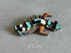 Old Pawn Zuni Sterling Silver w Inlaid Turquoise Coral Jet and Shell Brooch Pin