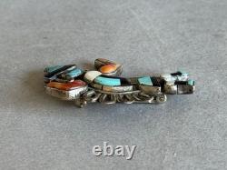 Old Pawn Zuni Sterling Silver w Inlaid Turquoise Coral Jet and Shell Brooch Pin