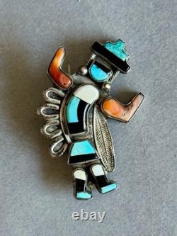Old Pawn Zuni Sterling Silver w Inlaid Turquoise Coral Jet and Shell Brooch Pin