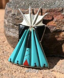 Old Pawn Zuni TP HUT Turquoise & Coral & Jet Inlay Sterling Silver Brooch Pin